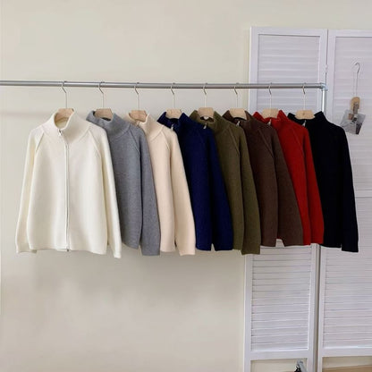 Stand Collar Raglan Zip Cardigan