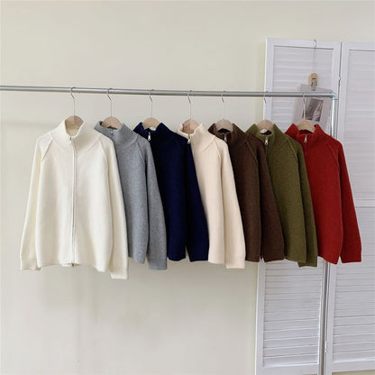 Stand Collar Raglan Zip Cardigan