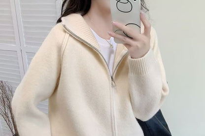 Stand Collar Raglan Zip Cardigan