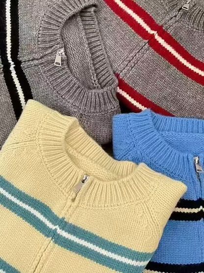 Round Neck Striped Zip Cardigan