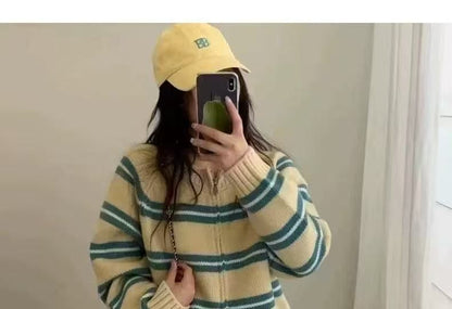 Round Neck Striped Zip Cardigan