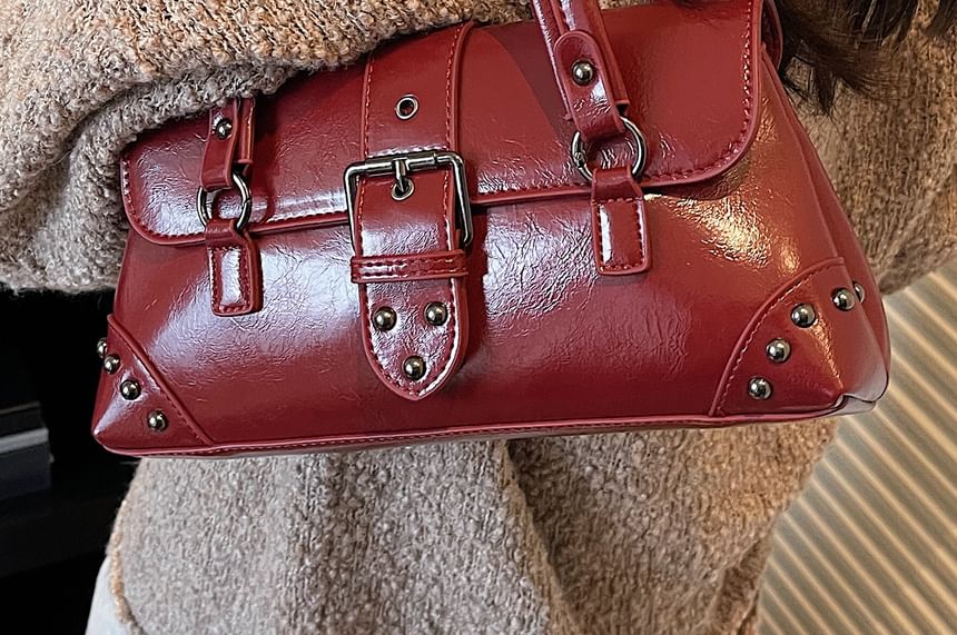 Studded Buckled Faux Leather Shoulder Bag