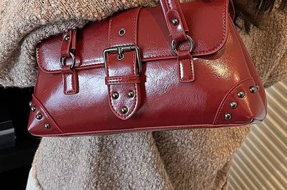 Studded Buckled Faux Leather Shoulder Bag