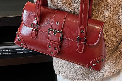 Studded Buckled Faux Leather Shoulder Bag