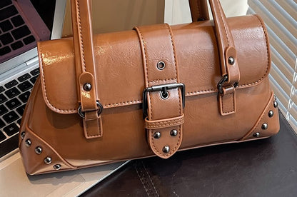 Studded Buckled Faux Leather Shoulder Bag