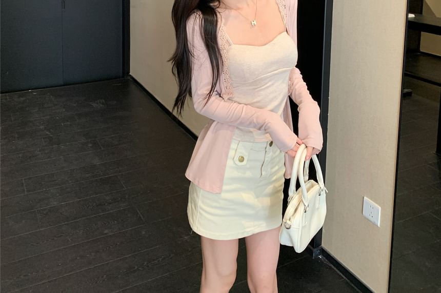 Lace Trim Cardigan and Slim Fit Cami Top