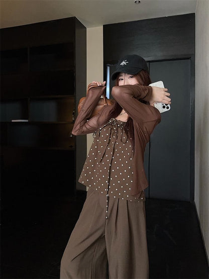 Dotted Bow Flowy Tube Top / Plain Cardigan / High Rise Wide Leg Pants