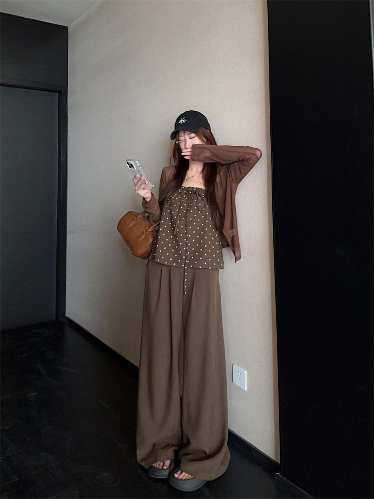 Dotted Bow Flowy Tube Top / Plain Cardigan / High Rise Wide Leg Pants
