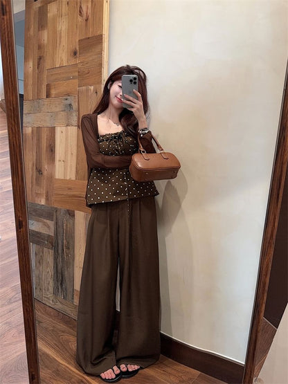 Dotted Bow Flowy Tube Top / Plain Cardigan / High Rise Wide Leg Pants