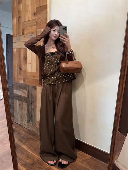 Dotted Bow Flowy Tube Top / Plain Cardigan / High Rise Wide Leg Pants
