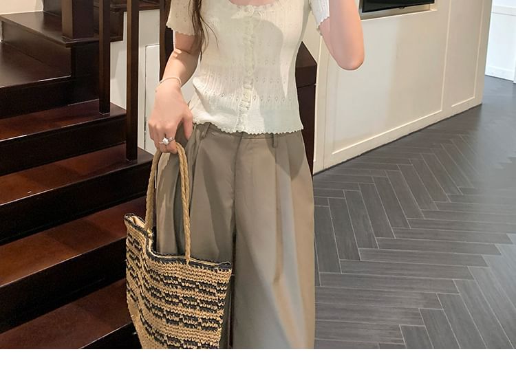 Scoop Neck Short Sleeve Pointelle Knit Cardigan
