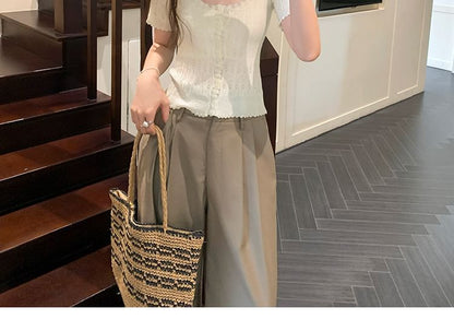 Scoop Neck Short Sleeve Pointelle Knit Cardigan
