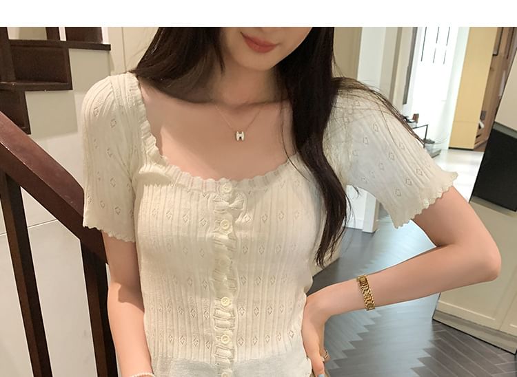 Scoop Neck Short Sleeve Pointelle Knit Cardigan
