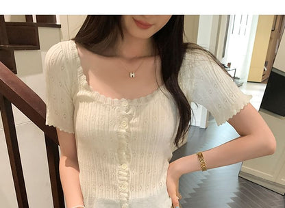 Scoop Neck Short Sleeve Pointelle Knit Cardigan