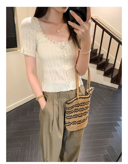 Scoop Neck Short Sleeve Pointelle Knit Cardigan