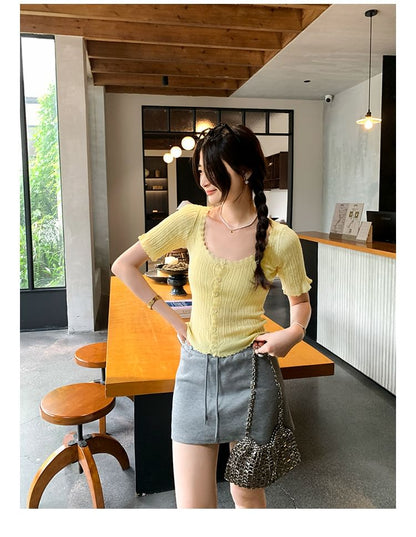 Scoop Neck Short Sleeve Pointelle Knit Cardigan
