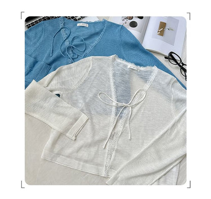 Tie-Front Lace Trim Cardigan