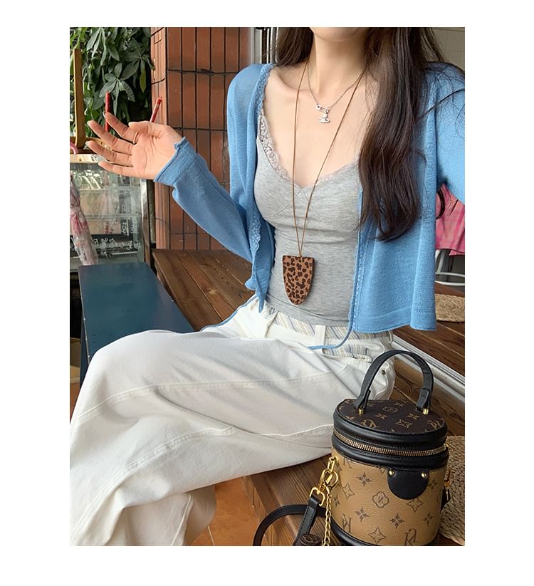 Tie-Front Lace Trim Cardigan