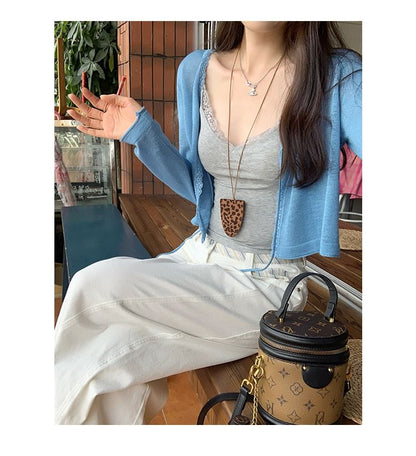 Tie-Front Lace Trim Cardigan