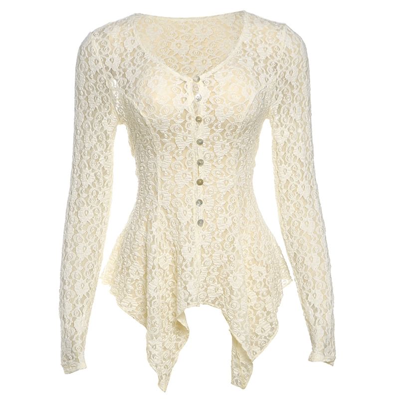 Slim-Fit Asymmetric Buttoned Lace Top with V-Neckline and Long Sleeves