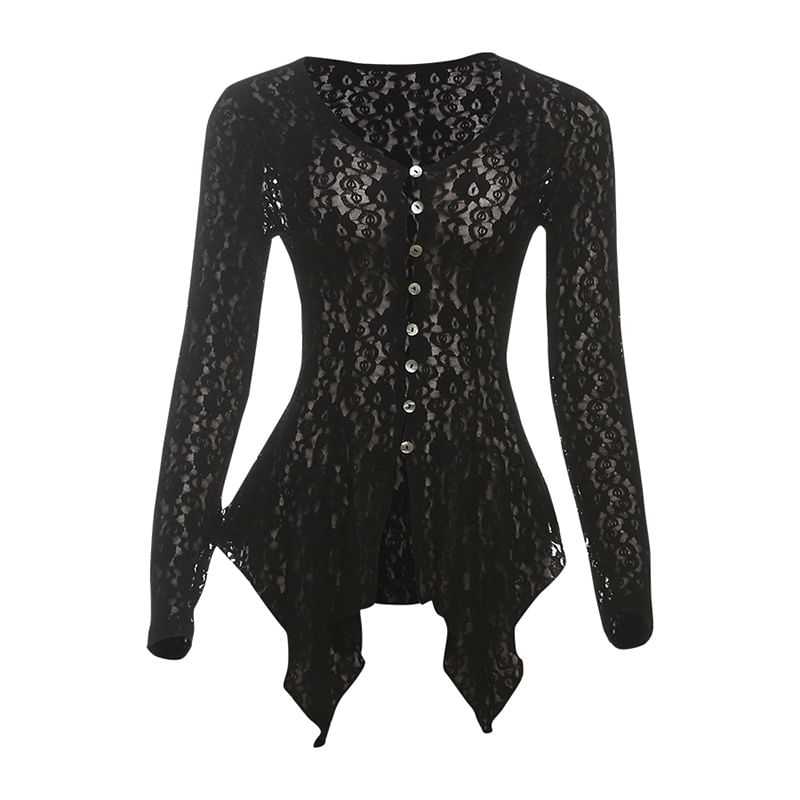 Slim-Fit Asymmetric Buttoned Lace Top with V-Neckline and Long Sleeves