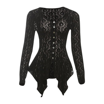 Slim-Fit Asymmetric Buttoned Lace Top with V-Neckline and Long Sleeves