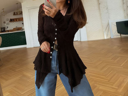 Slim-Fit Asymmetric Buttoned Lace Top with V-Neckline and Long Sleeves