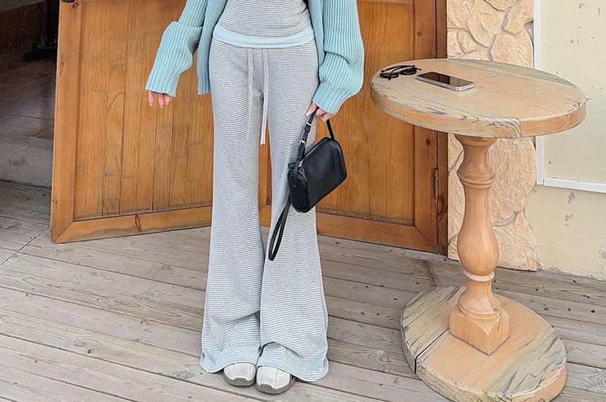 Ribbed Open Front Cardigan with Two-Tone Camisole and Drawstring Flared Pants