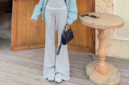 Ribbed Open Front Cardigan with Two-Tone Camisole and Drawstring Flared Pants