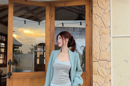Ribbed Open Front Cardigan with Two-Tone Camisole and Drawstring Flared Pants