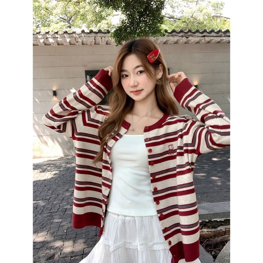 Striped Round Neck Cardigan