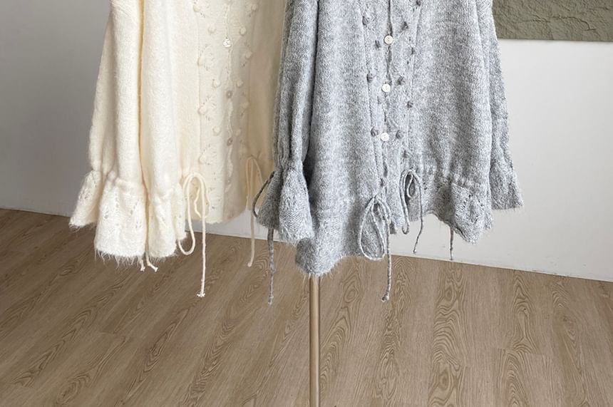 V-Neck Solid Pom Pom Drawstring Cardigan
