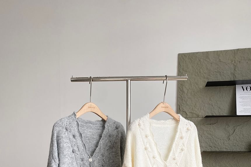 V-Neck Solid Pom Pom Drawstring Cardigan