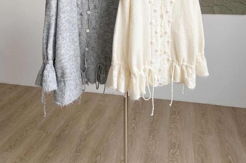 V-Neck Solid Pom Pom Drawstring Cardigan