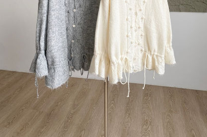 V-Neck Solid Pom Pom Drawstring Cardigan