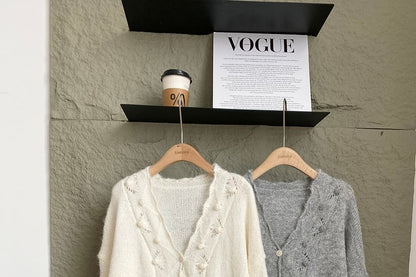 V-Neck Solid Pom Pom Drawstring Cardigan