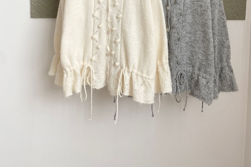 V-Neck Solid Pom Pom Drawstring Cardigan