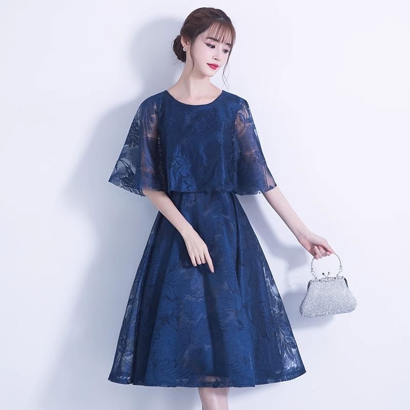Cape Round Neck Lace Panel A-Line Cocktail Dress