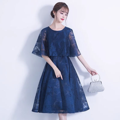 Cape Round Neck Lace Panel A-Line Cocktail Dress