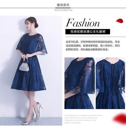 Cape Round Neck Lace Panel A-Line Cocktail Dress