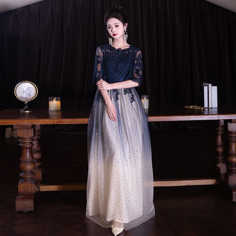 Evening (Various Gradient Dress Cocktail Designs) Short-Sleeve Panel Round Gown Lace / Neck