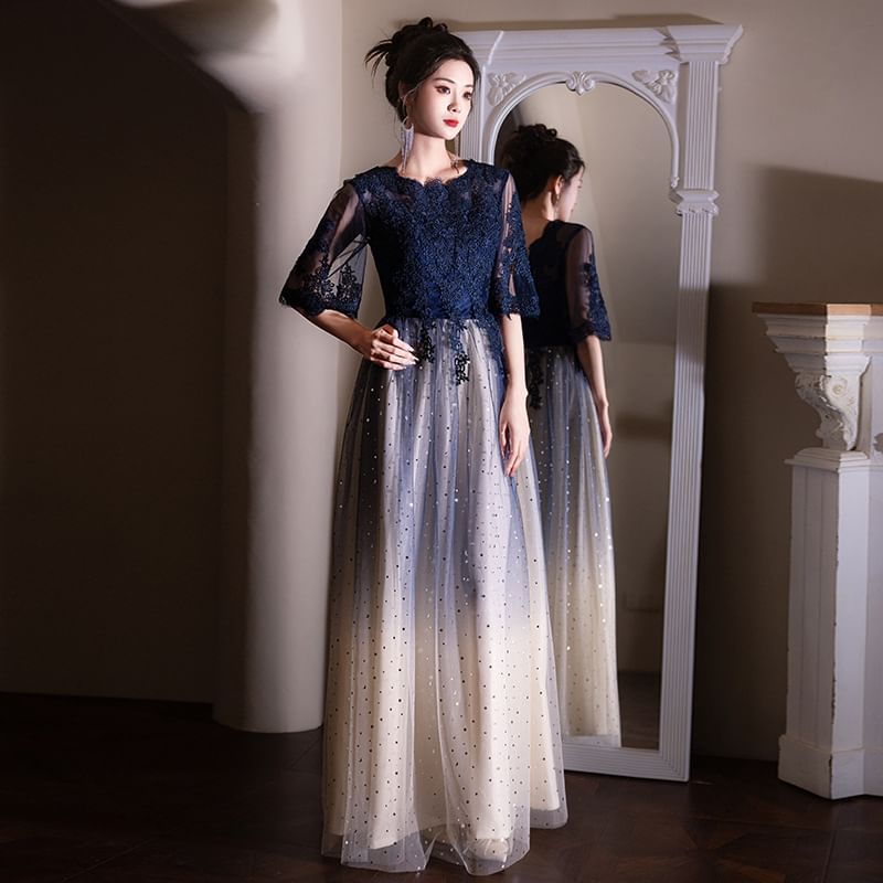Evening (Various Gradient Dress Cocktail Designs) Short-Sleeve Panel Round Gown Lace / Neck