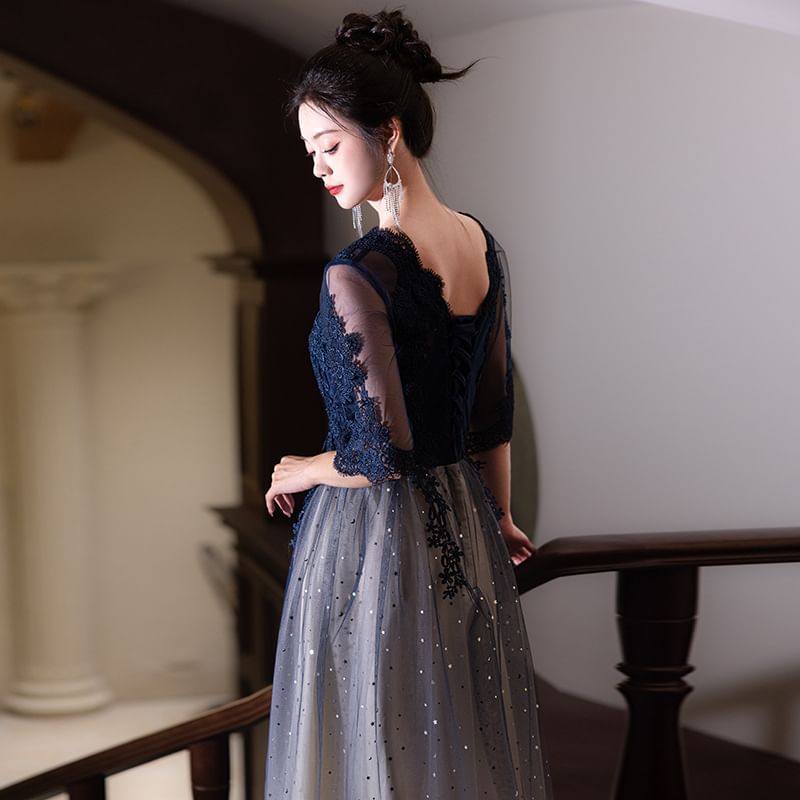 Evening (Various Gradient Dress Cocktail Designs) Short-Sleeve Panel Round Gown Lace / Neck