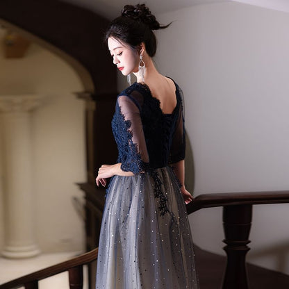 Short-Sleeve Round Neck Lace Panel Gradient Evening Gown / Cocktail Dress (Various Designs)