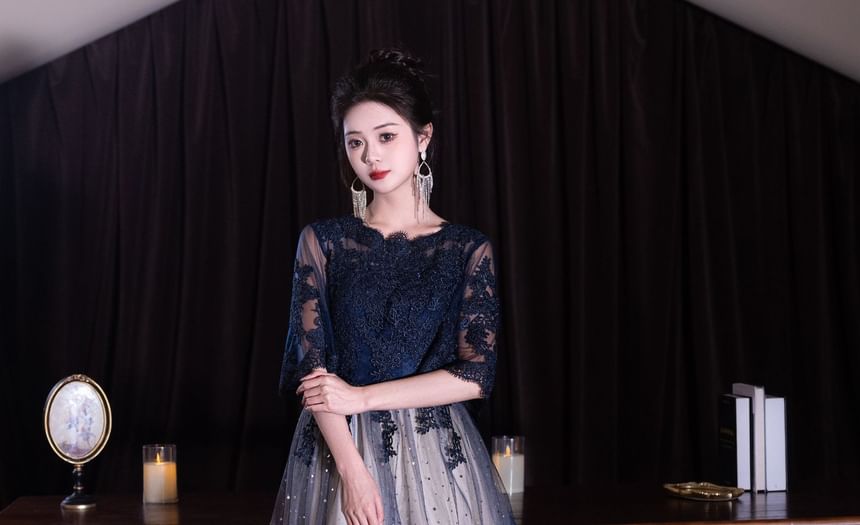 Evening (Various Gradient Dress Cocktail Designs) Short-Sleeve Panel Round Gown Lace / Neck