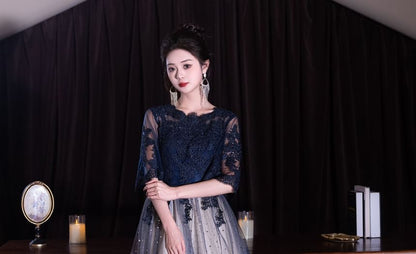 Evening (Various Gradient Dress Cocktail Designs) Short-Sleeve Panel Round Gown Lace / Neck