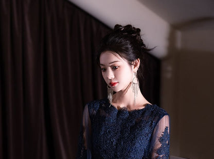 Evening (Various Gradient Dress Cocktail Designs) Short-Sleeve Panel Round Gown Lace / Neck