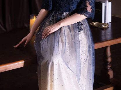 Short-Sleeve Round Neck Lace Panel Gradient Evening Gown / Cocktail Dress (Various Designs)