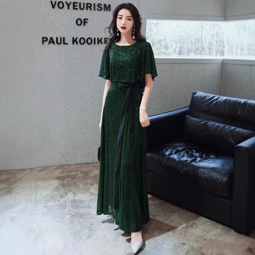 Elbow-Sleeve Round Neck Glitter A-Line Evening Gown