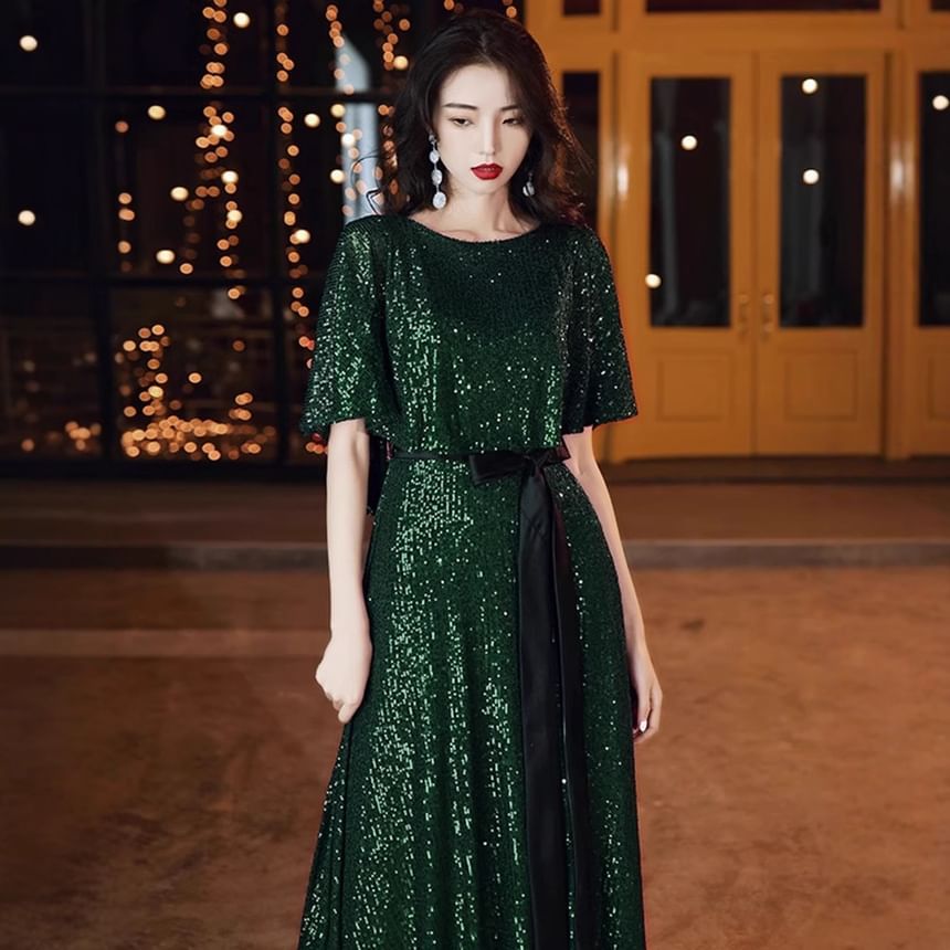 Elbow-Sleeve Evening Gown Round A-Line Glitter Neck